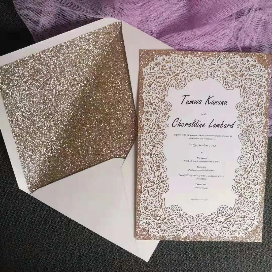 Fancy Hollow out Rose Style Wedding Invitation Card with Glitter Gold lined Envelope Menu Card Printing
Fancy Hollow out Rose Style Wedding Invitation Card with Glitter Gold lined Envelope Menu Card Printing
