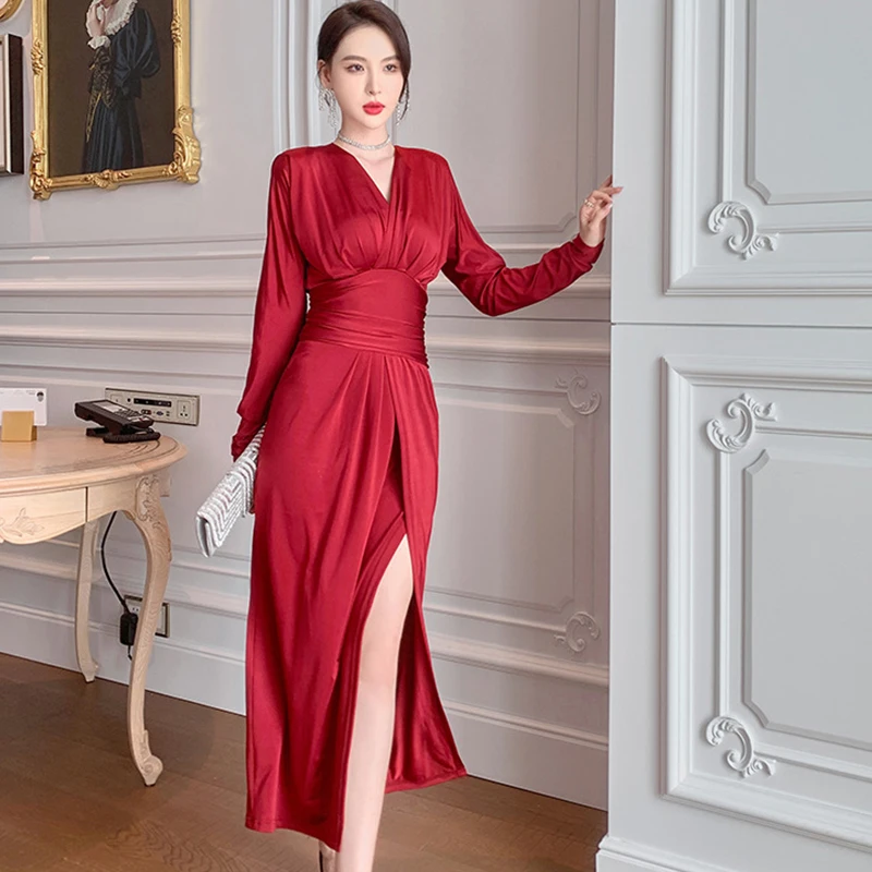 Fashion Women French Vintage V-Neck Folds Maxi Party Club Dress Elegant Coffee Break Robe Corset Folds Split Satin Female Dress
Fashion Women French Vintage V-Neck Folds Maxi Party Club Dress Elegant Coffee Break Robe Corset Folds Split Satin Female Dress