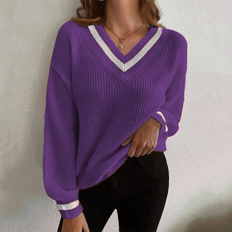 2021 Autumn and Winter New Style European and American Casual V-neck Color-blocking Pullover Long-sleeved Sweater Women
2021 Autumn and Winter New Style European and American Casual V-neck Color-blocking Pullover Long-sleeved Sweater Women