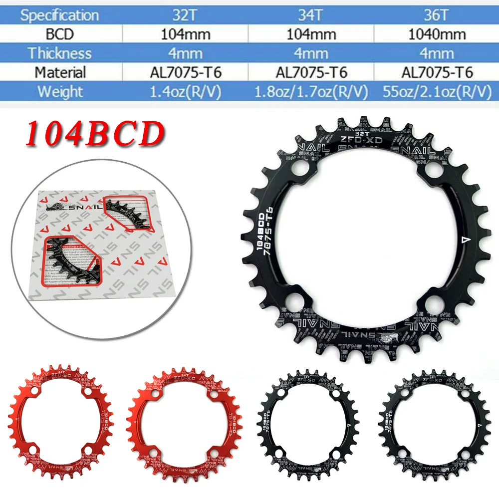 SNAIL 104BCD 32T-42T MTB Bike Chainring Narrow Wide Chainwheel Aerospace Aluminum Alloy Chainring 32T 34T 36T 38T 40T 42T
SNAIL 104BCD 32T-42T MTB Bike Chainring Narrow Wide Chainwheel Aerospace Aluminum Alloy Chainring 32T 34T 36T 38T 40T 42T