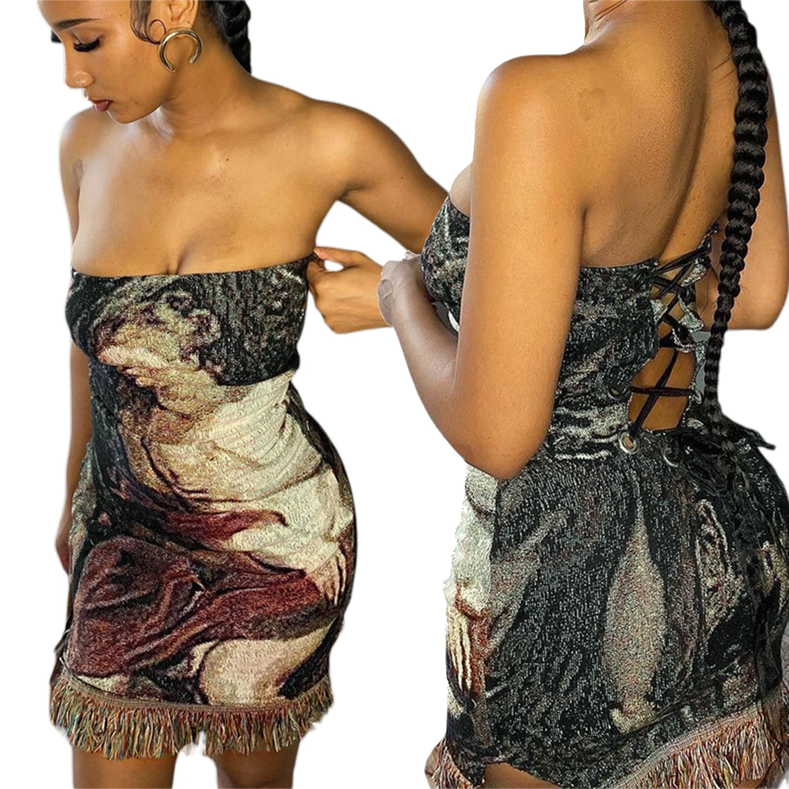 Ladies Summer Temperament Short Skirt, Girls Abstract Printing Tassels Hemline Sleeveless Strapless Backless Slim Dress
Ladies Summer Temperament Short Skirt, Girls Abstract Printing Tassels Hemline Sleeveless Strapless Backless Slim Dress