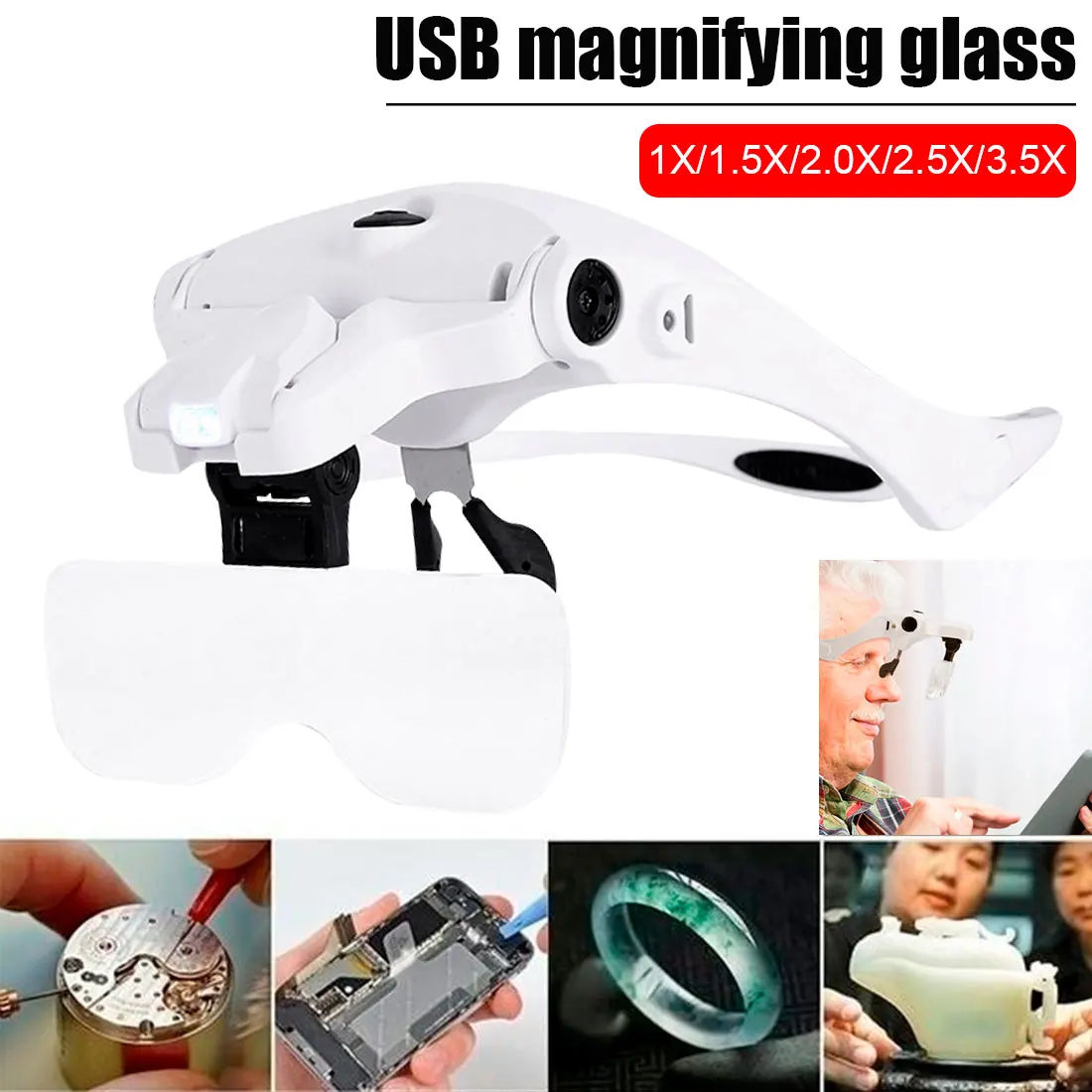 Glasses Magnifier Glass 1.0X 1.5X 2.0X 2.5X 3.5X Adjustable 5 Lens Loupe With LED Light Headband Magnifier Glasses rechargeable
Glasses Magnifier Glass 1.0X 1.5X 2.0X 2.5X 3.5X Adjustable 5 Lens Loupe With LED Light Headband Magnifier Glasses rechargeable