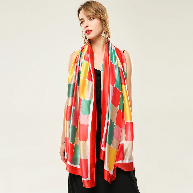 

2021 Women Imitation Silk Scarf Patchwork Square Print Shawls Lady Soft Wraps Female Elegant Headscarf 180x90cm