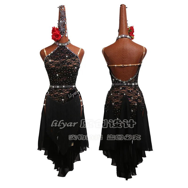 Платье для латиноамериканских танцев костюм соревнований юбка черное кружевное