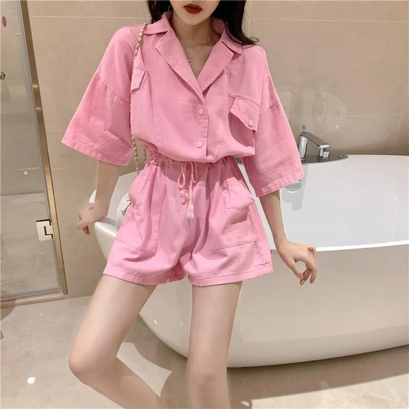 Casual Playsuit Womens Pink Yellow Solid Summer Elegant Jumpsuit Short Femme 2021 Drawstring Overalls for Women Combinaison Y470
Casual Playsuit Womens Pink Yellow Solid Summer Elegant Jumpsuit Short Femme 2021 Drawstring Overalls for Women Combinaison Y470