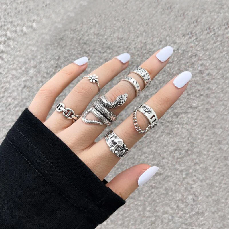 7pcs/set Geometric Flower Snake Ring For Women Star Moon Butterfly Mushroom Pattern Antique Silver Color Vintage Retro Punk Ring
7pcs/set Geometric Flower Snake Ring For Women Star Moon Butterfly Mushroom Pattern Antique Silver Color Vintage Retro Punk Ring