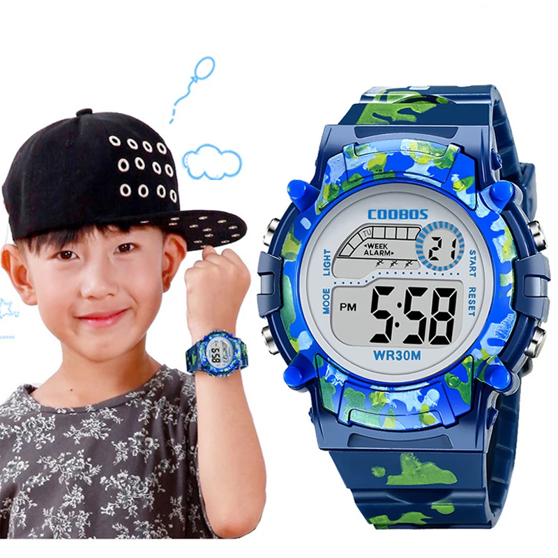 Темно синие камуфляжные детские часы со светодиодной яркой вспышкой цифровые