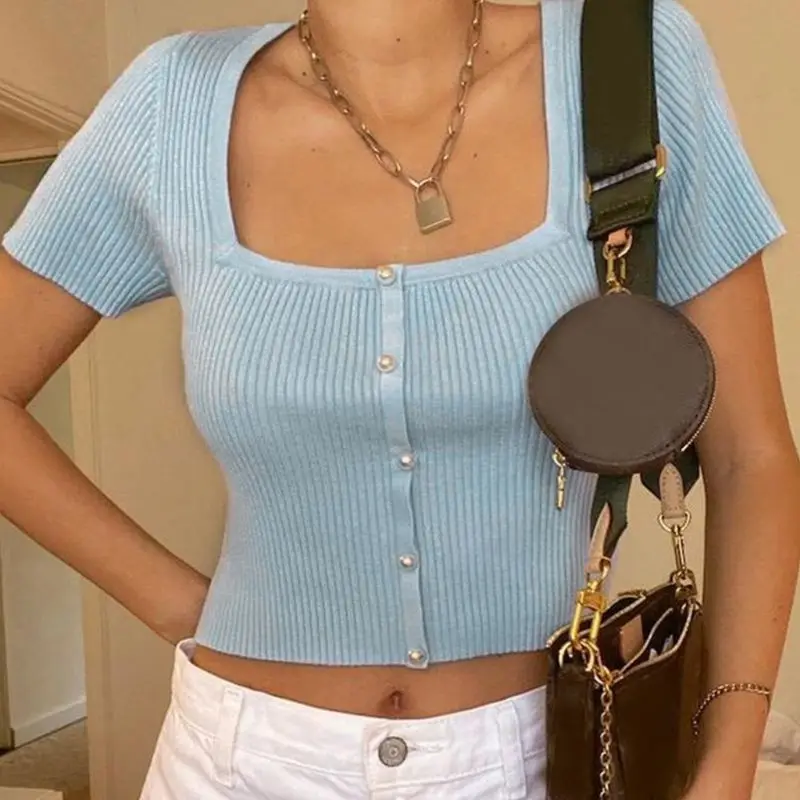 Women Summer Short Sleeve Ribbed Knit Crop Top Sexy Square Neck Solid Color T-Shirt Faux Pearl Buttons Slim Fit Tees Streetwear
Women Summer Short Sleeve Ribbed Knit Crop Top Sexy Square Neck Solid Color T-Shirt Faux Pearl Buttons Slim Fit Tees Streetwear