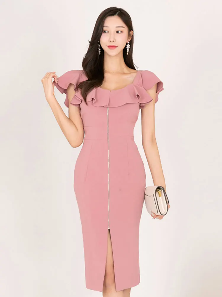 Summer Luxury Bodycon Pink Dress Women's O Neck Ruffled Sleeve Zipper Sexy Package Hip Side Slit Midi Party Dress Vestido M7272
Summer Luxury Bodycon Pink Dress Women's O Neck Ruffled Sleeve Zipper Sexy Package Hip Side Slit Midi Party Dress Vestido M7272