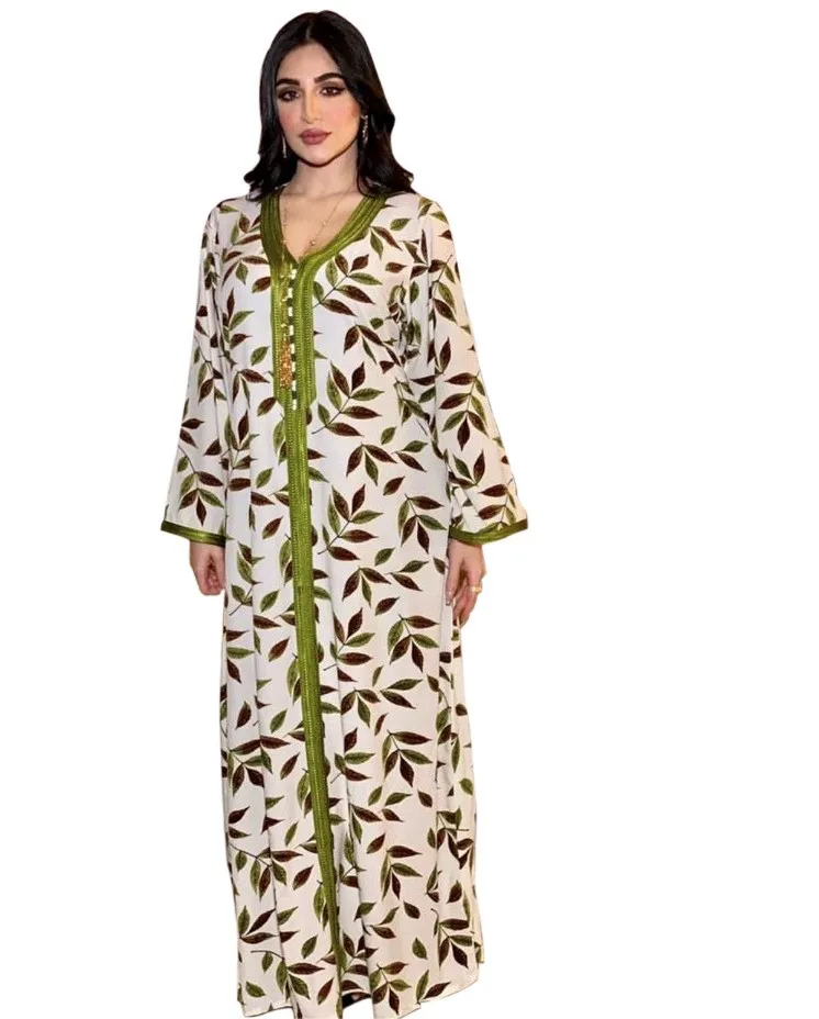 Muslim Arabic Dress for Women Ribbon V Neck Long Sleeve Leaves Print Moroccan Kaftan Duabi Clothing Green
Muslim Arabic Dress for Women Ribbon V Neck Long Sleeve Leaves Print Moroccan Kaftan Duabi Clothing Green