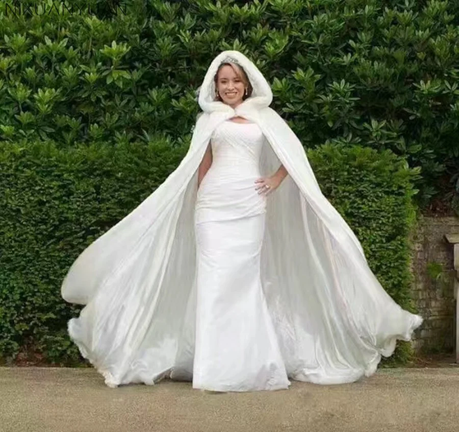 

Свадебная накидка цвета слоновой кости с отделкой из искусственного меха, свадебные аксессуары для невесты, пальто с капюшоном, шаль длиной...