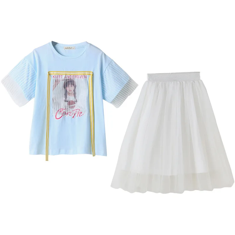 Girls' Short-Sleeved Suit 2021 New Puff Gauze Skirt Children's T-shirt Skirt Fashion 
Girls' Short-Sleeved Suit 2021 New Puff Gauze Skirt Children's T-shirt Skirt Fashion