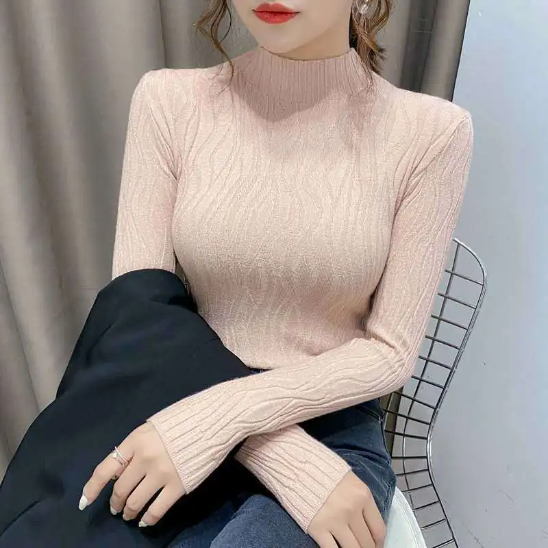 Autumn and winter new fashion women's long sleeve knitted sweater semi-high neck bottom shirt solid color slim slim joker top
Autumn and winter new fashion women's long sleeve knitted sweater semi-high neck bottom shirt solid color slim slim joker top