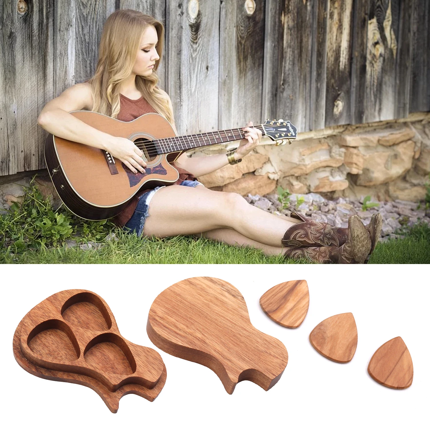 Delicate Wooden Guitar Pick Set Plectrum Storage Holder Case Box with 3pcs Guitar Picks Wood Guitar Accessories 
Delicate Wooden Guitar Pick Set Plectrum Storage Holder Case Box with 3pcs Guitar Picks Wood Guitar Accessories
