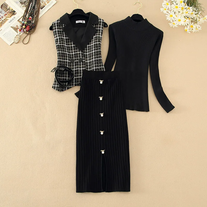 Fall Winter Tweed 3 Piece Set Women Basic Sweater + Double Breasted Plaid Vest Jacket + Knit Maxi Pearl Button Skirt Outfits New
Fall Winter Tweed 3 Piece Set Women Basic Sweater + Double Breasted Plaid Vest Jacket + Knit Maxi Pearl Button Skirt Outfits New