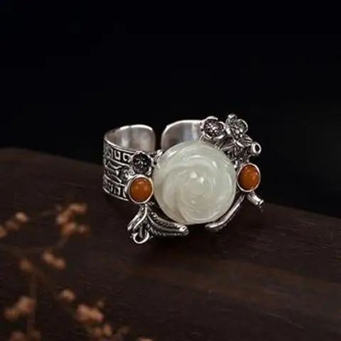 

Antique Style S925 Sterling Silver Vintage Inlaid Hetian Jade White Jade South Red Rose Lady Silver Ring with Opening Personalit