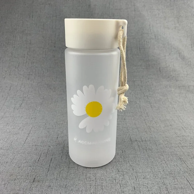 

600ml Small Daisy Transparent Plastic Water Bottles BPA Free Creative Frosted Water Bottle with Portable Rope Travel Tea Cup