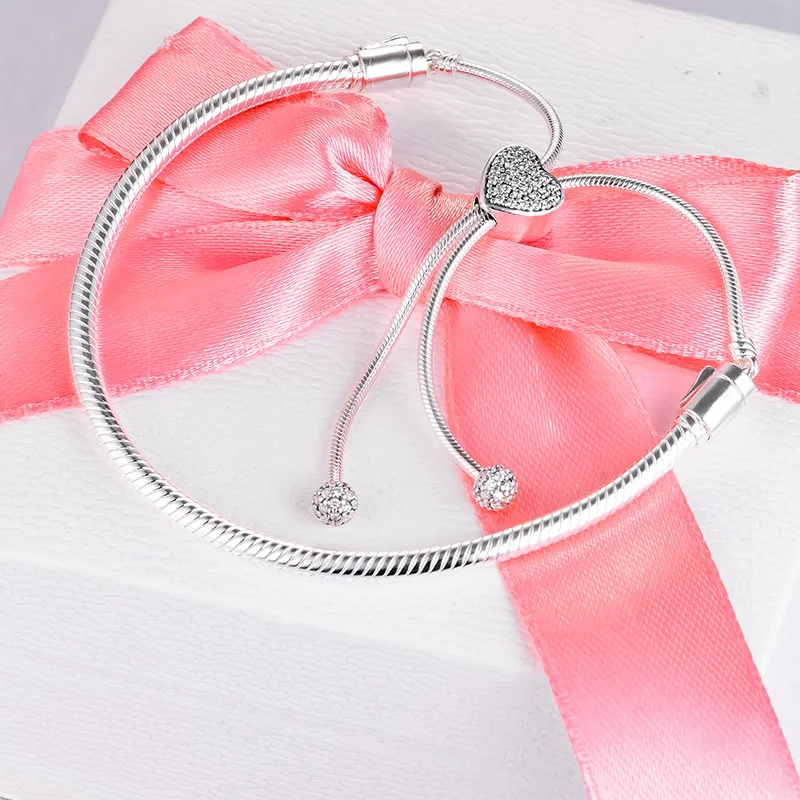 

Moments Pave Heart Clasp Snake Chain Slider Bracelet 925 Sterling Silver Jewelry Adjustable Beaded Bracelets for Women Valentine