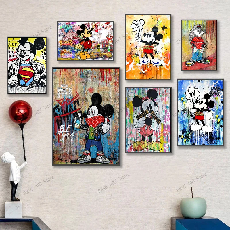 

Disney граффити уличное искусство Микки Маус Холст Картина аниме плакаты и принты мультфильм настенные картины для декора гостиной