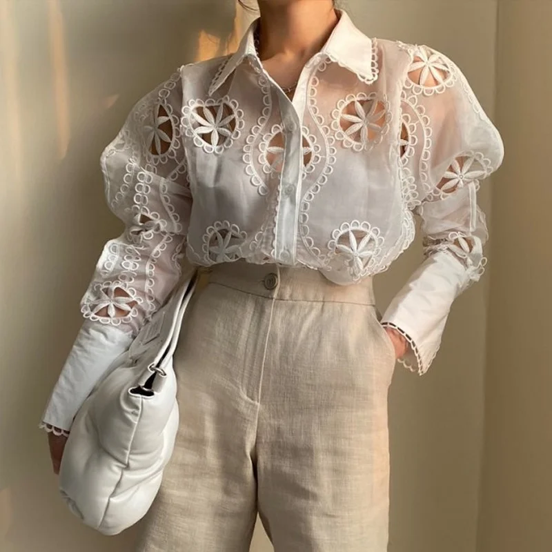 Lace Hollow Floral Embroidery Temperament Long-sleeved Shirt Wild Sexy See-through Long-sleeved White Top Female
Lace Hollow Floral Embroidery Temperament Long-sleeved Shirt Wild Sexy See-through Long-sleeved White Top Female