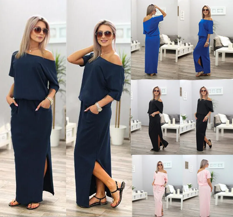 2019 European and American summer solid color round neck short-sleeve women's dress side slit fashion pocket loose long dress
2019 European and American summer solid color round neck short-sleeve women's dress side slit fashion pocket loose long dress