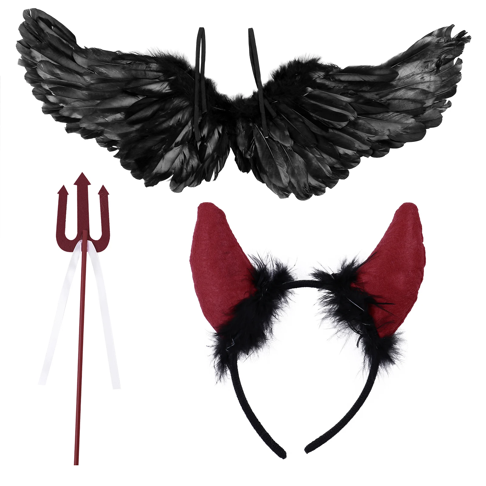 

Kids Adult Christmas Halloween Cosplay Devil Costumes Black Feather Wing with Demon Horn Headband Trident Carnival Dress Up Prop