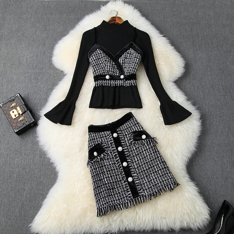 Winter Women's Suits New Flare Sleeves Elastic Knitted Top + Camis + Tweed Patchwork Tassels Skirt Three Piece Set Female S-XL
Winter Women's Suits New Flare Sleeves Elastic Knitted Top + Camis + Tweed Patchwork Tassels Skirt Three Piece Set Female S-XL
