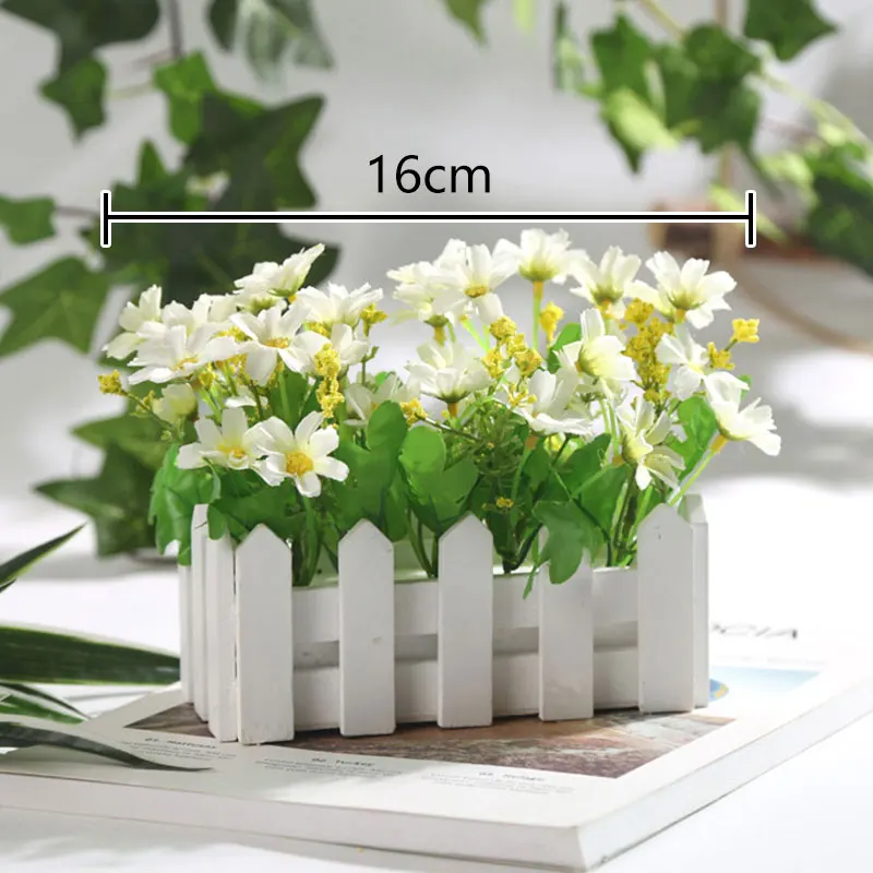 Fake Flower Daisy Silk Artificial Flowers+Wooden Fence Vase Home Decoration Flower Basket Birthday Gift Garden Decor 
Fake Flower Daisy Silk Artificial Flowers+Wooden Fence Vase Home Decoration Flower Basket Birthday Gift Garden Decor