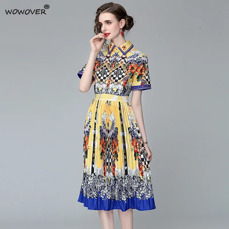 2021 New Summer Short Sleeve Shirt Collar Printed Vintage Runway Dress Women High Quality Festa Pleated Midi Vacation Vestidos 
2021 New Summer Short Sleeve Shirt Collar Printed Vintage Runway Dress Women High Quality Festa Pleated Midi Vacation Vestidos