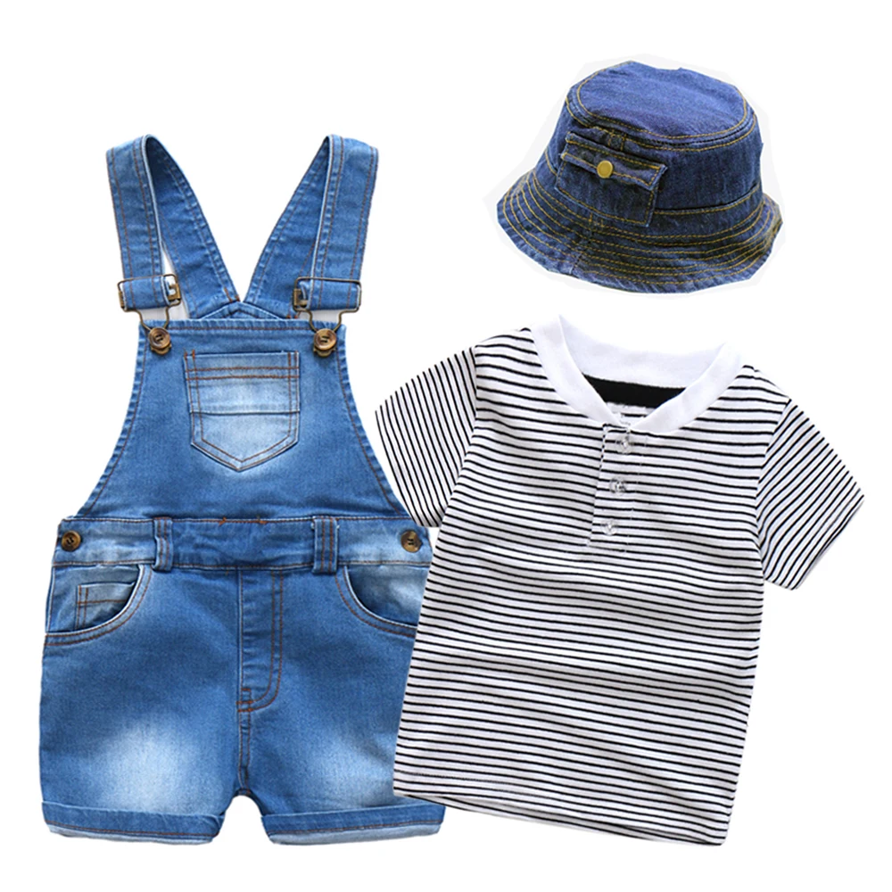 Одежда для маленьких мальчиков с резинкой на поясе джинсы шапка + Топ в полоску