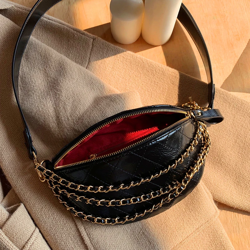 

Quilted Fanny Pack With Chains Crossbody Waist Bags For Women Black Leather Belt Bag Sac Banane Marsupio Donna Bum Bag