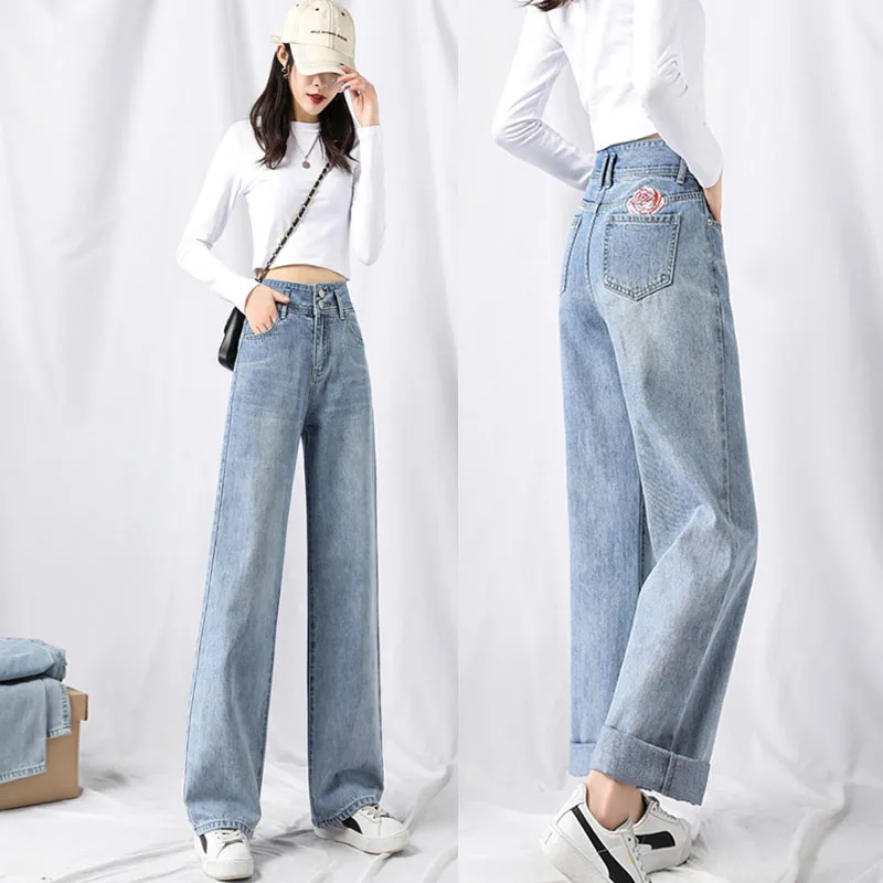 Women's Jeans Rose Embroidery High Waist Double Button New Casual Straight Wide Leg Trousers Elegant High Quality Office Jeans
Women's Jeans Rose Embroidery High Waist Double Button New Casual Straight Wide Leg Trousers Elegant High Quality Office Jeans