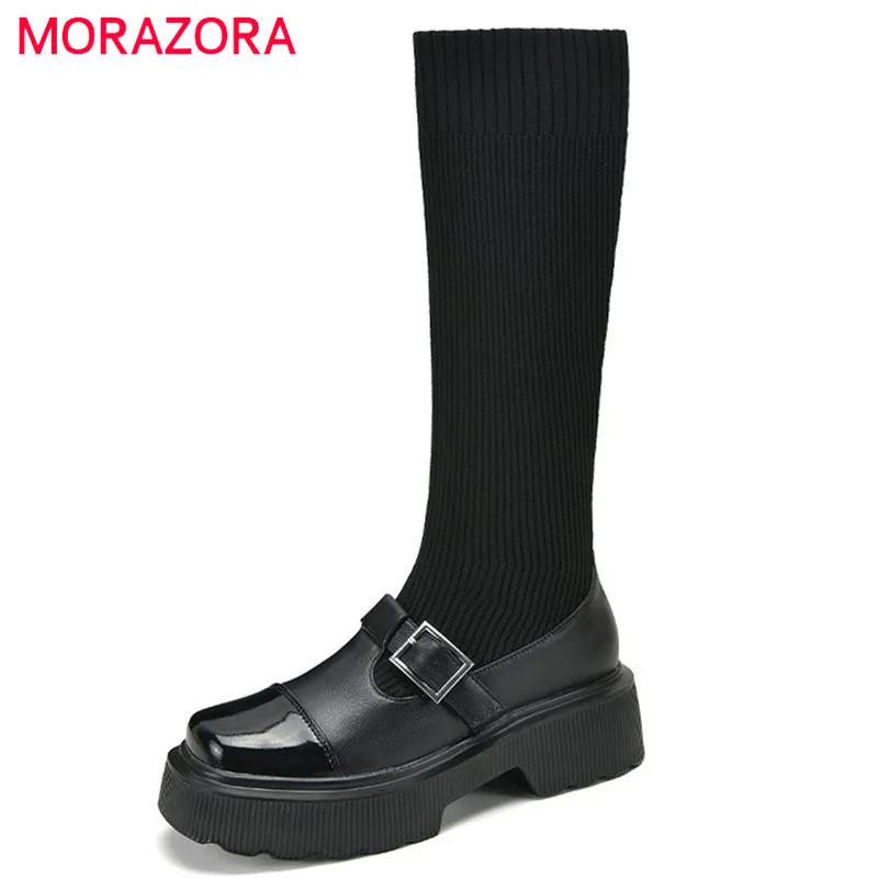 MORAZORA 2022 Newest Knee High Boots Women Genuine Leather Shoes Buckle Square Toe Winter Thick Bottom Stretch Sock Boots Women 
MORAZORA 2022 Newest Knee High Boots Women Genuine Leather Shoes Buckle Square Toe Winter Thick Bottom Stretch Sock Boots Women
