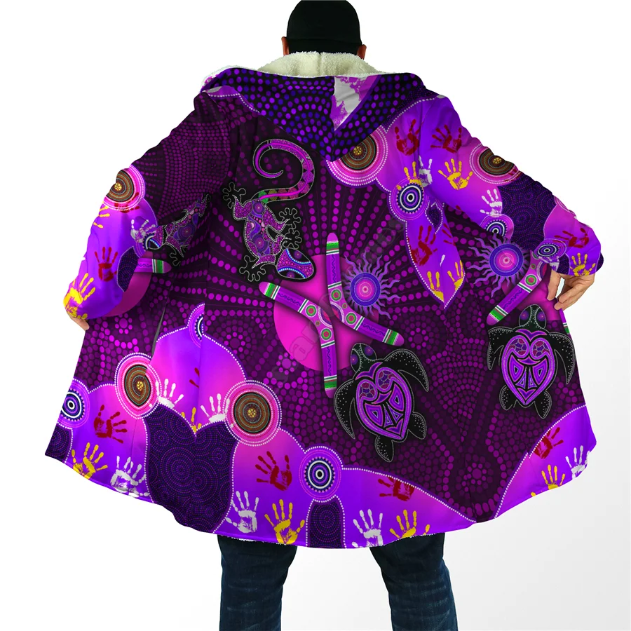 

Winter Men For Women Hooded cloak Aboriginal Naidoc Week Purple Turtle Lizard Sun 3D Prined Fleece wind breaker Warm Hood cloak