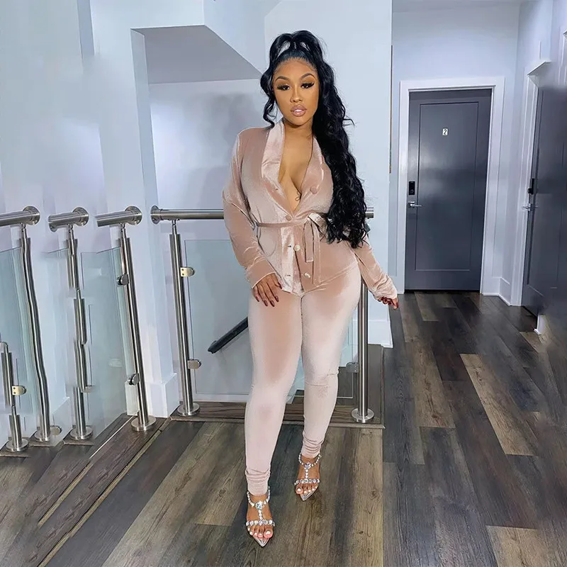 Autumn Spring Female Skinny 2 Pieces Tracksuits Solid Long Sleeve Belted Button Down Tops+Pants Casual Homewear Clothing Women 
Autumn Spring Female Skinny 2 Pieces Tracksuits Solid Long Sleeve Belted Button Down Tops+Pants Casual Homewear Clothing Women