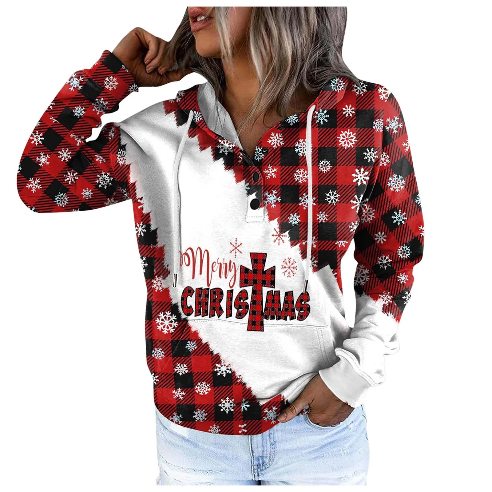 Christmas Hoodie Women Plaid Print Patchwork Buttons Hooded Pullover Pocket Drawstring Sweatshirt Autumn Plus Size Top moletom
Christmas Hoodie Women Plaid Print Patchwork Buttons Hooded Pullover Pocket Drawstring Sweatshirt Autumn Plus Size Top moletom