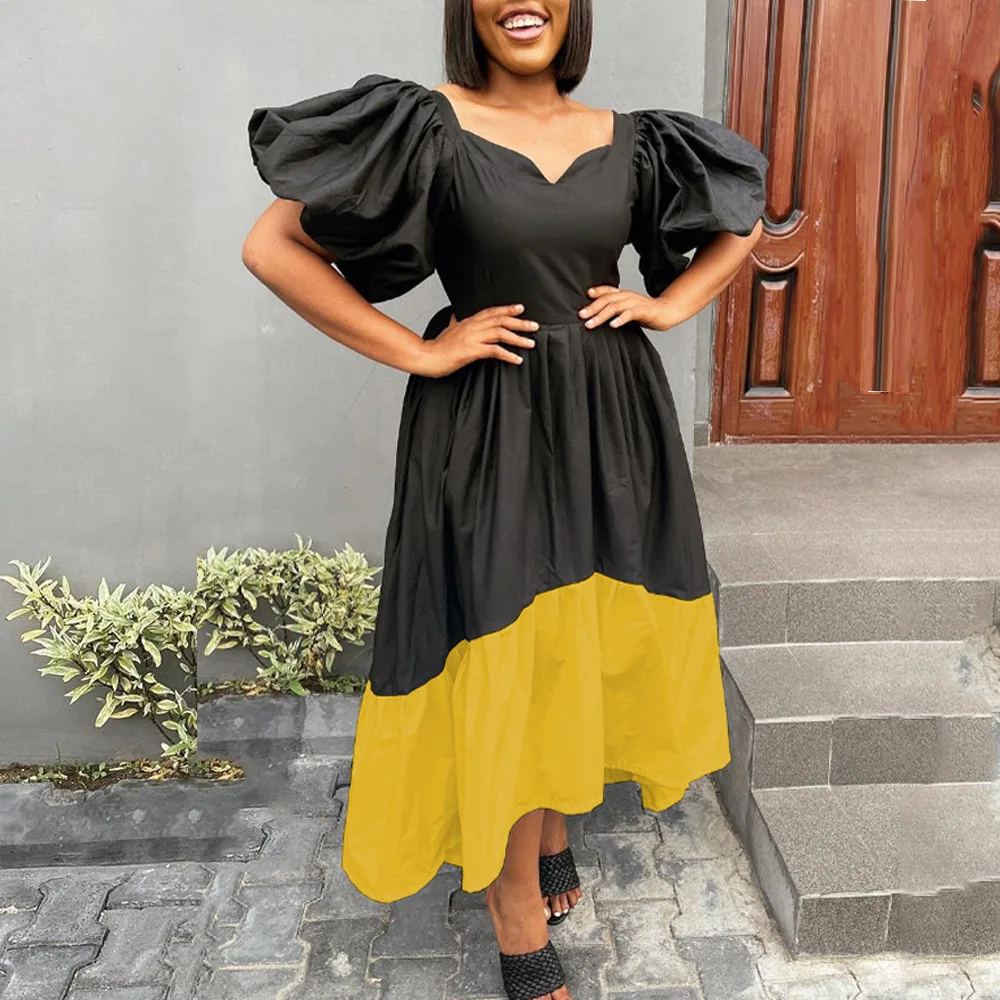 Falbala Mid-Calf Short Lantern Sleeve V-Neck Women's Dress Ruffled Big Swing Bandage Black Yellow Patchwork Casual Party Dress
Falbala Mid-Calf Short Lantern Sleeve V-Neck Women's Dress Ruffled Big Swing Bandage Black Yellow Patchwork Casual Party Dress