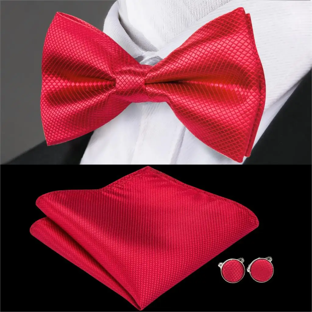Men Solid Red Bowtie Set Silk Wedding Bows Pocket Square Cufflinks Pre-Tied Butterfly Groom Tie Adjustable Barry.Wang LH-800
Men Solid Red Bowtie Set Silk Wedding Bows Pocket Square Cufflinks Pre-Tied Butterfly Groom Tie Adjustable Barry.Wang LH-800