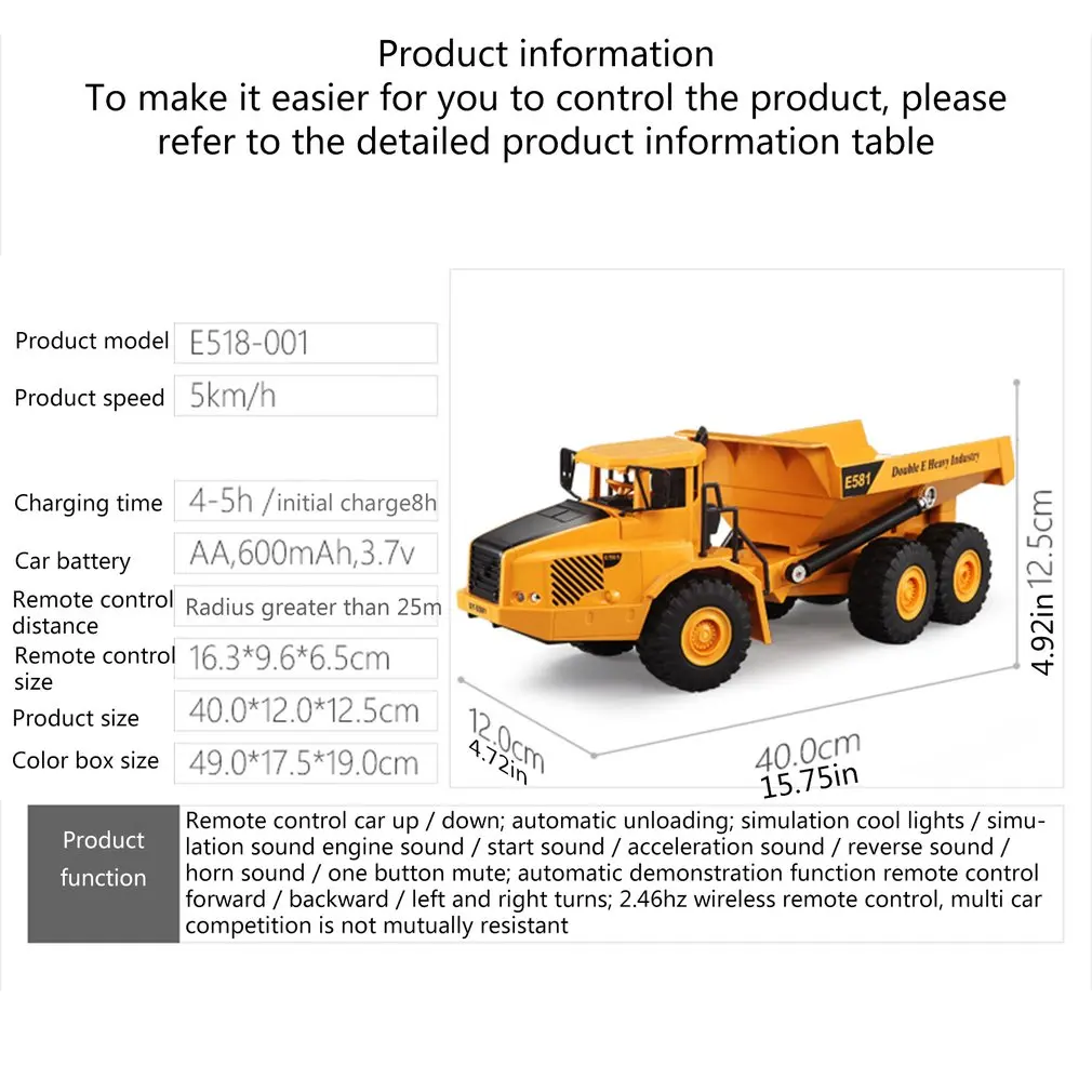RC Dump Truck Model 2.4Ghz Remote Control Dumper Toy RC Engineering Cars Vehicles Tilting Cart for Xmas Gift E581-003
RC Dump Truck Model 2.4Ghz Remote Control Dumper Toy RC Engineering Cars Vehicles Tilting Cart for Xmas Gift E581-003