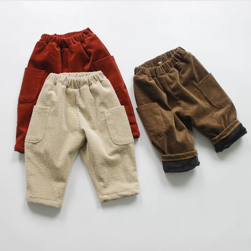 Детские однотонные вельветовые брюки на флисе модель BC843 в Корейском стиле 2019