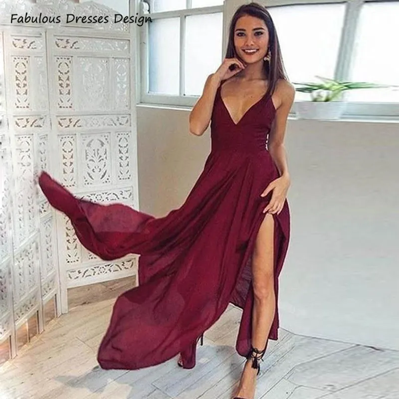 Sexy V Neck Backless Prom Dresses Burgundy Spaghetti Strap Slit A Line Chiffon 2021 Evening Dress Party For Women Robe De Soirée
Sexy V Neck Backless Prom Dresses Burgundy Spaghetti Strap Slit A Line Chiffon 2021 Evening Dress Party For Women Robe De Soirée