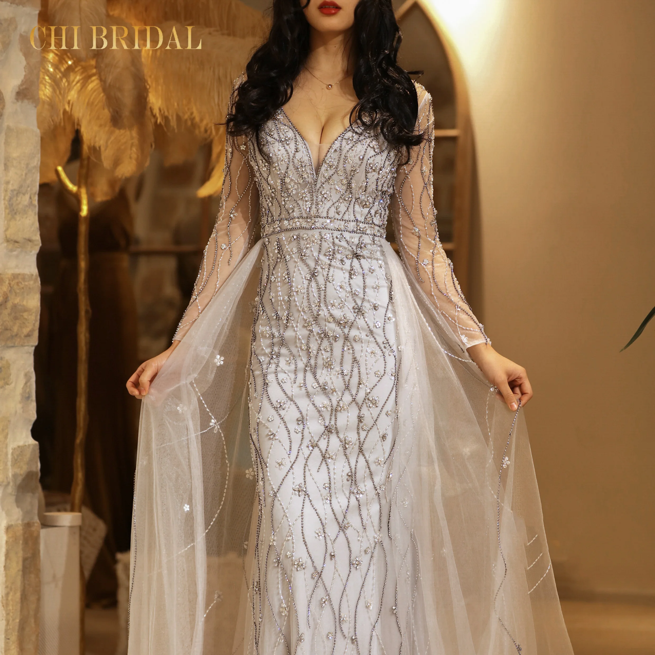 Роскошное серебристое элегантное роскошное длинное вечернее платье с длинными рукавами и юбкой с бисером, официальное платье для вечеринк... 
Роскошное серебристое элегантное роскошное длинное вечернее платье с длинными рукавами и юбкой с бисером, официальное платье для вечеринк...