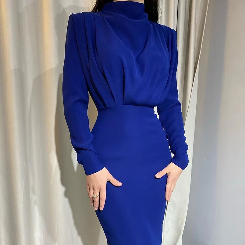 Elegant Women Fashion Dress Stand Collar Slim Waist Solid Blue Ankle Length Autumn Long Sleeve Casual Party Dress 2021 New
Elegant Women Fashion Dress Stand Collar Slim Waist Solid Blue Ankle Length Autumn Long Sleeve Casual Party Dress 2021 New