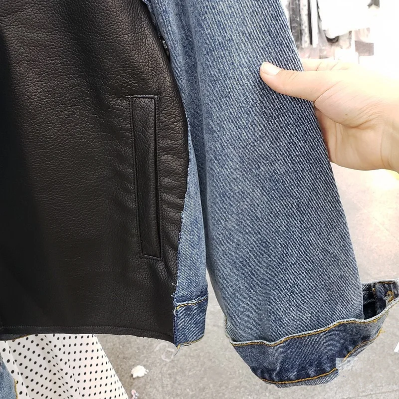 Irregular PU Leather Splicing Denim Jackets Women Spring Autumn New Korean Loose Short Outerwear Blue Jeans Jacket Coat Female
Irregular PU Leather Splicing Denim Jackets Women Spring Autumn New Korean Loose Short Outerwear Blue Jeans Jacket Coat Female