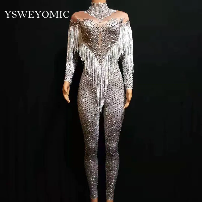 Dance Costume Silver Nude Rhinestones Spandex Tassal Jumpsuit Women Singer Bar Leggings Prom Stage Wear Dancer Birthday Outfit
Dance Costume Silver Nude Rhinestones Spandex Tassal Jumpsuit Women Singer Bar Leggings Prom Stage Wear Dancer Birthday Outfit