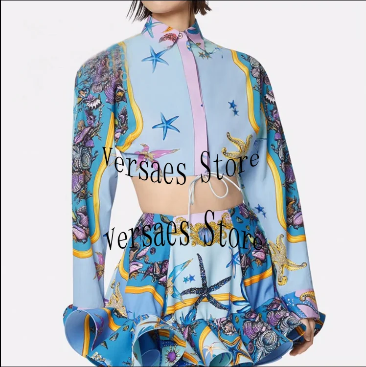 2021 luxury brand starfish shell printing women's suit temperament round neck long sleeve shirt + high waist slim Ruffle Skirt
2021 luxury brand starfish shell printing women's suit temperament round neck long sleeve shirt + high waist slim Ruffle Skirt