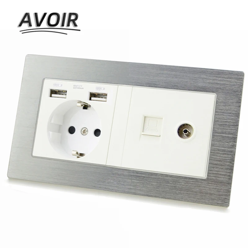 Avoir DE EU RU Plug Wall Socket With LED Indicator Dual USB, RJ45, TV Port Double Socket Power Outlet Metal Panel 146mm*86mm
Avoir DE EU RU Plug Wall Socket With LED Indicator Dual USB, RJ45, TV Port Double Socket Power Outlet Metal Panel 146mm*86mm