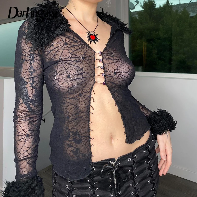 Darlingaga Goth Y2K Faux Fur Patchwork Skinny Mesh Female T-shirt Buttons See Through Cardigan Club Party Sexy T shirt Tops Slim
Darlingaga Goth Y2K Faux Fur Patchwork Skinny Mesh Female T-shirt Buttons See Through Cardigan Club Party Sexy T shirt Tops Slim