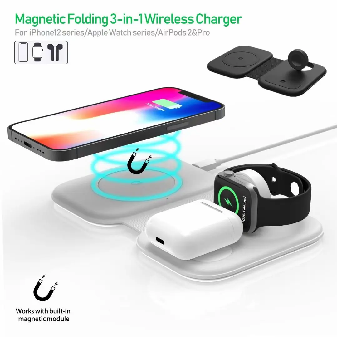 Беспроводное зарядное устройство 3 в 1 для iPhone 12 магнитные airpods iwatch 11 pro samsung huawei xiomi