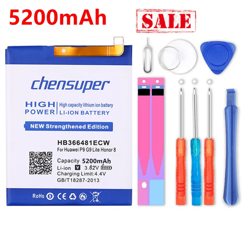 100% Оригинальные chensuper 5200 мАч HB366481ECW для Huawei P9 батарея EVA AL00 AL10 TL00 G9 Lite Honor 8 5c Чехол
